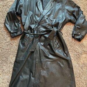 Vtg 90s Men’s Med Genuine Leather Long Double Breasted Trench Coat Belted Gothic